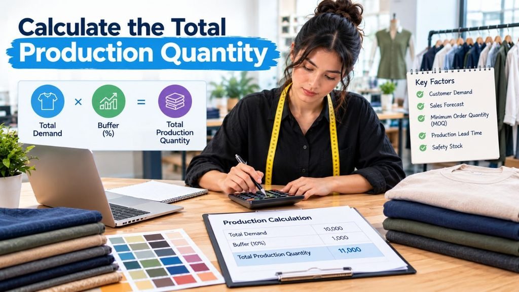 A woman in a black shirt with a yellow measuring tape around her neck sits at a wooden desk, using a calculator amid textiles, an open laptop, a potted plant, and stacks of colorful fabric. A clipboard in front of her reads "Total Demand: 10,000," "Buffer (10%): 1,000," and "Total Production Quantity: 11,000." Overlaid text titled "Calculate the Total Production Quantity" shows the formula "Total Demand × Buffer (%) = Total Production Quantity," plus a "Key Factors" checklist (Customer Demand, Sales Forecast, Minimum Order Quantity (MOQ), Production Lead Time, Safety Stock), each marked with a green check.