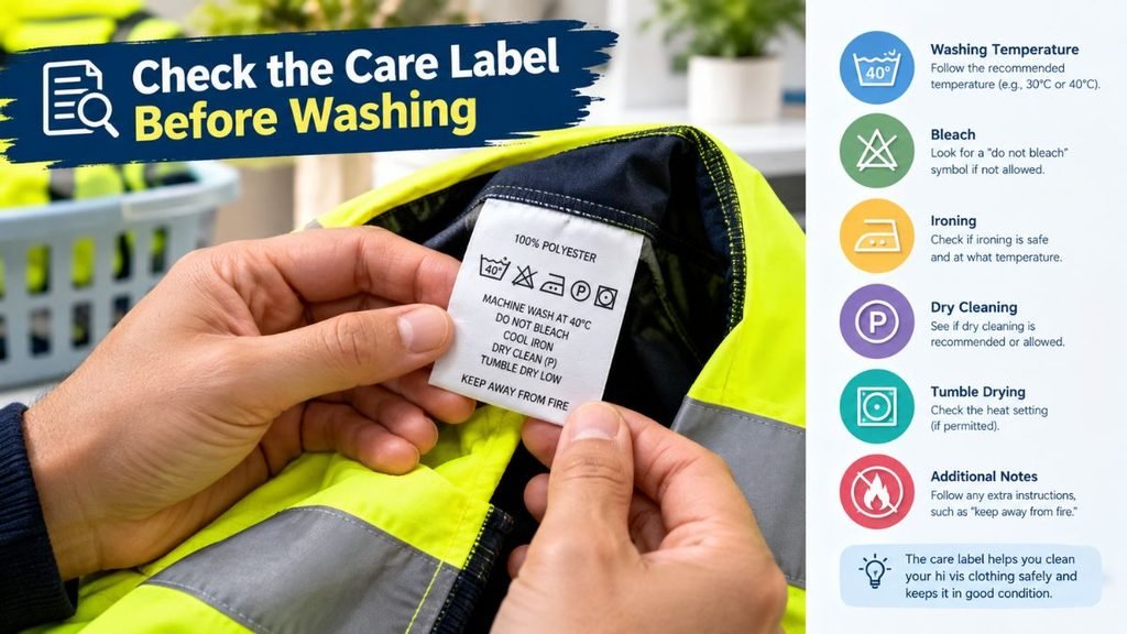 "Close-up of hands holding up the care label of a bright yellow high-visibility jacket. The white label shows black text and washing symbols for 100% polyester, and beside it a white panel explains common laundry symbols—wash temperature, bleach, ironing, dry cleaning, and tumble drying—with colorful circular icons."