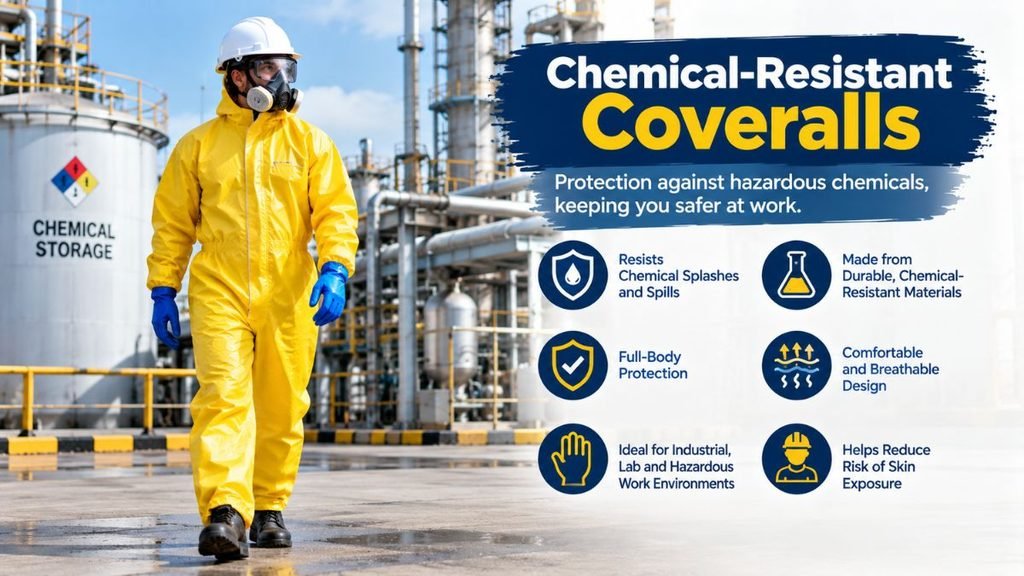 A man in a yellow chemical-resistant coverall, blue gloves, white hard hat, and respirator walks toward the viewer in an industrial setting, with a grey "CHEMICAL STORAGE" tank bearing a hazardous-material diamond on his left and pipes in the background. A blue-and-yellow graphic on the right titled "Chemical-Resistant Coveralls" reads "Protection against hazardous chemicals, keeping you safer at work," with six circular feature icons: resists chemical splashes and spills, durable chemical-resistant materials, full-body protection, comfortable and breathable design, ideal for industrial/lab/hazardous work environments, and helps reduce risk of skin exposure.