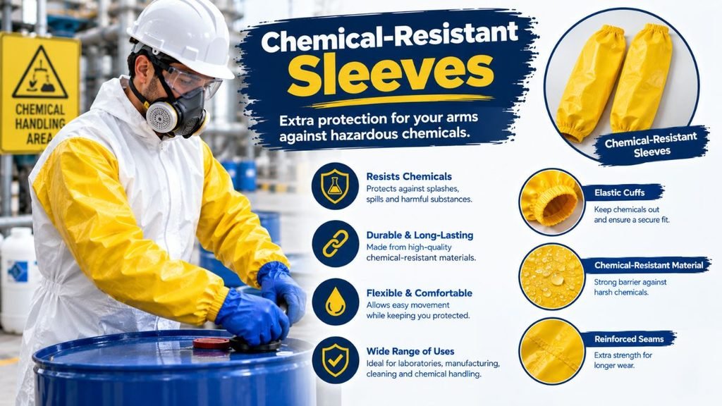 A promotional graphic for chemical-resistant sleeves. On the left, a worker in full protective gear—white hard hat, safety goggles, respirator, white suit with yellow sleeves, and blue gloves—handles a blue chemical drum in front of a yellow "CHEMICAL HANDLING AREA" hazard sign, with blurred industrial pipes and machinery behind. On the right, a blue banner with yellow text reads "Chemical-Resistant Sleeves — Extra protection for your arms against hazardous chemicals," followed by four labeled circular icons: "Resists Chemicals" (flask), "Durable & Long-Lasting" (chain link), "Flexible & Comfortable" (liquid drop), and "Wide Range of Uses" (shield with checkmark). Three close-up circles show the product: a pair of yellow sleeves, an elastic gathered cuff, and a textured chemical-resistant surface with water droplets, plus reinforced stitching.