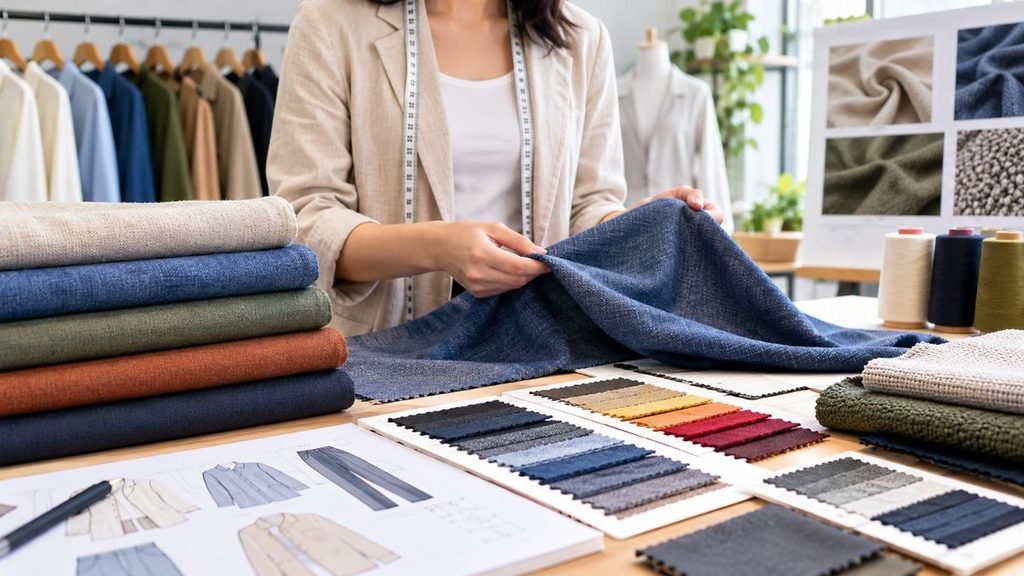 A designer with a measuring tape around their neck holds up and stretches a piece of blue fabric for close inspection. To the left sits a stack of folded fabrics in beige, blue, olive green, rust, and navy; in the foreground, fashion sketches and color swatch cards lie on a light wooden table, with garment racks blurred in the background of the studio.