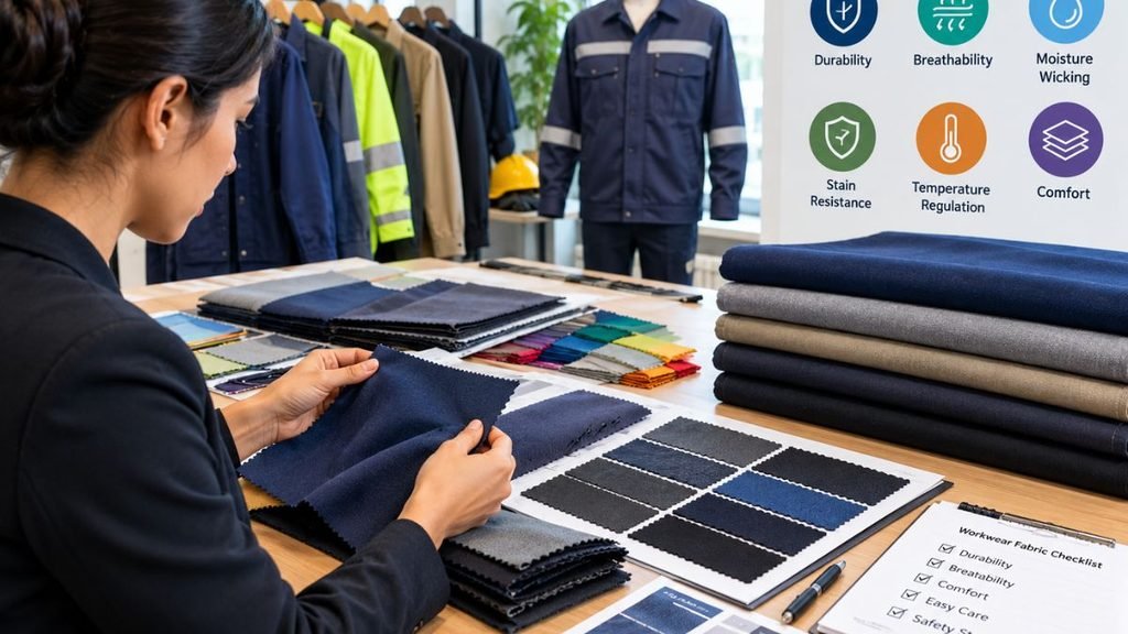 Woman examining navy blue fabric swatches on a table with folded workwear fabrics, color samples, work uniforms on display, and icons for durability, breathability, moisture-wicking, stain resistance, temperature regulation, and comfort.
