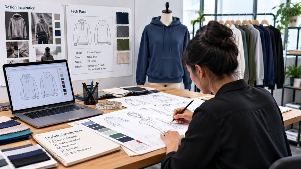 A woman seated at a wooden desk sketches hoodie designs on paper. To her left, a laptop shows digital hoodie sketches. Behind it, a whiteboard is divided into "Design Inspiration," with photos of a gray hoodie, and "Tech Pack," with design details for a navy blue hoodie. Fabric swatches in various colors, a measuring tape, and pencils are spread across the desk. In the background, a navy hoodie is displayed on a mannequin, and a clothing rack holds hoodies in several colors.