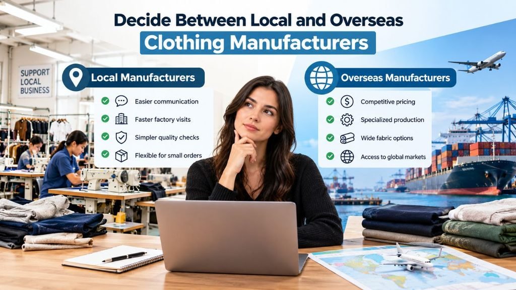 A split-screen infographic titled on the theme of choosing a clothing manufacturer. On the left, a seamstress works at a sewing machine in a local factory beneath a "Support Local Business" sign; the "Local Manufacturers" panel lists easier communication, faster factory visits, simpler quality checks, and flexibility for small orders. On the right, a cargo ship loaded with containers sits docked at a port while a plane flies overhead, illustrating overseas production; the "Overseas Manufacturers" panel lists competitive pricing, specialized production, wide fabric options, and access to global markets. In the foreground, a woman gazes upward thoughtfully beside a table holding a laptop, a notebook, stacks of folded clothing, and a small airplane model resting on a map.