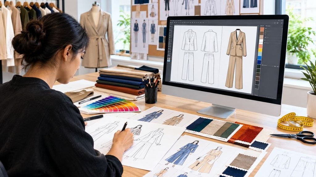Fashion designer sketching clothing designs at a desk, with fabric swatches, color charts, and a computer showing digital sketches of a beige suit.