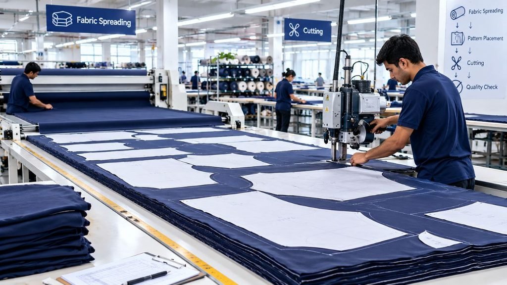 Workers on a bright factory floor handle dark blue fabric in a garment production line: in the foreground, a man in a dark polo shirt operates an automated cutting machine over stacked fabric topped with white paper patterns, while to the left another worker spreads fabric onto a roller table. Rolls of fabric and additional workers fill the background, and overhead signs label the stages "Fabric Spreading" and "Cutting," with a workflow diagram showing fabric spreading, pattern placement, cutting, and quality check.