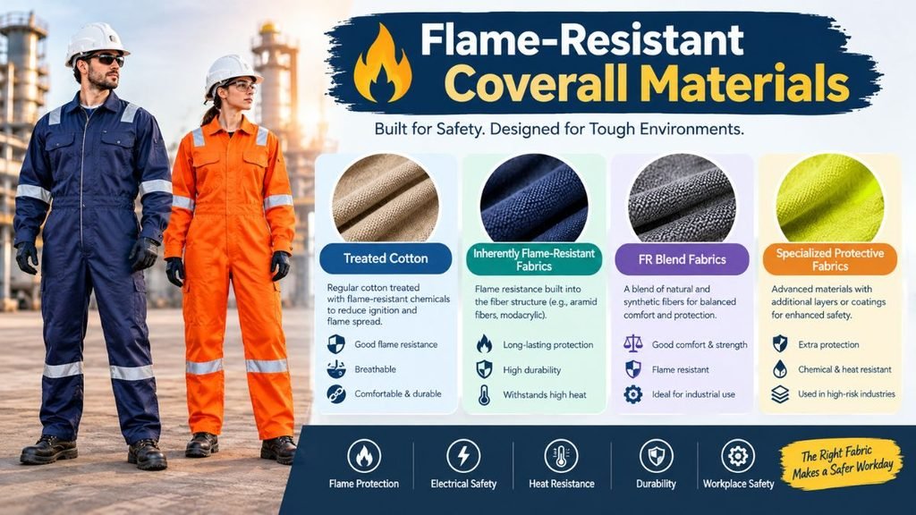 A two-panel advertisement for flame-resistant coverall materials. On the left, a man in a navy coverall and a woman in an orange coverall, both wearing white hard hats and safety glasses, stand in a refinery setting with industrial towers and piping behind them. On the right, a large title reads "Flame-Resistant Coverall Materials" with a flame icon, above the tagline "Built for Safety. Designed for Tough Environments." Below the tagline, four panels compare fabric types — Treated Cotton, Inherently Flame-Resistant Fabrics, FR Blend Fabrics, and Specialized Protective Fabrics — each with a close-up of the fabric texture and a list of properties and benefits. A row of five icons along the bottom highlights Flame Protection, Electrical Safety, Heat Resistance, Durability, and Workplace Safety. A yellow brushstroke banner in the bottom right reads "The Right Fabric Makes a Safer Workday."