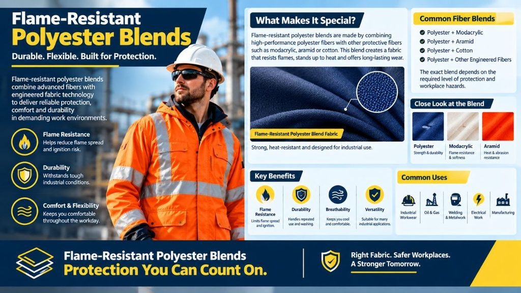 Infographic titled "Flame-Resistant Polyester Blends" with a worker in an orange safety jacket and hard hat on the left. Benefits listed beside him include flame resistance, durability, and comfort and flexibility. The right side covers "What Makes It Special?" with a close-up of dark blue fabric, "Common Fiber Blends" (polyester with modacrylic, aramid, cotton, or other engineered fibers), and "A Close Look at the Blend" showing swatches of polyester, modacrylic, and aramid. A lower section lists "Key Benefits" (flame resistance, durability, breathability, versatility) and "Common Uses" (industrial workwear, oil and gas, welding and metalwork, electrical work, manufacturing) with icons. The bottom banner reads "Protection You Can Count On" and "Right Fabric. Safer Workplaces. A Stronger Tomorrow."