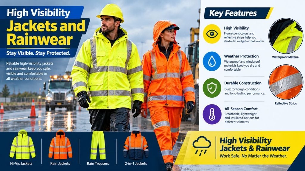 Advertisement for high-visibility jackets and rainwear. A man in a bright yellow hi-vis jacket and yellow hard hat walks alongside a woman in an orange hi-vis jacket, both wearing dark gloves, in rainy conditions with a blurred white truck with flashing lights and orange traffic cones in the background. Below, four product thumbnails are labeled Hi-Vis Jackets (yellow), Rain Jackets (orange), Rain Trousers (yellow), and 2-in-1 Jackets (orange and blue). A "Key Features" panel on the right lists High Visibility, Weather Protection, Durable Construction, and All-Season Comfort, each with an icon and close-up detail image. The slogan reads "High Visibility Jackets & Rainwear — Work Safe. No Matter the Weather."