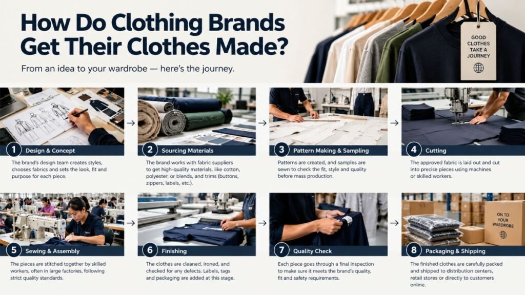 Infographic titled 'How Do Clothing Brands Get Their Clothes Made?' showing the 8-step process from design to packaging, with photos of sketching, fabric rolls, pattern making, cutting, sewing, finishing, quality check, and shipping.