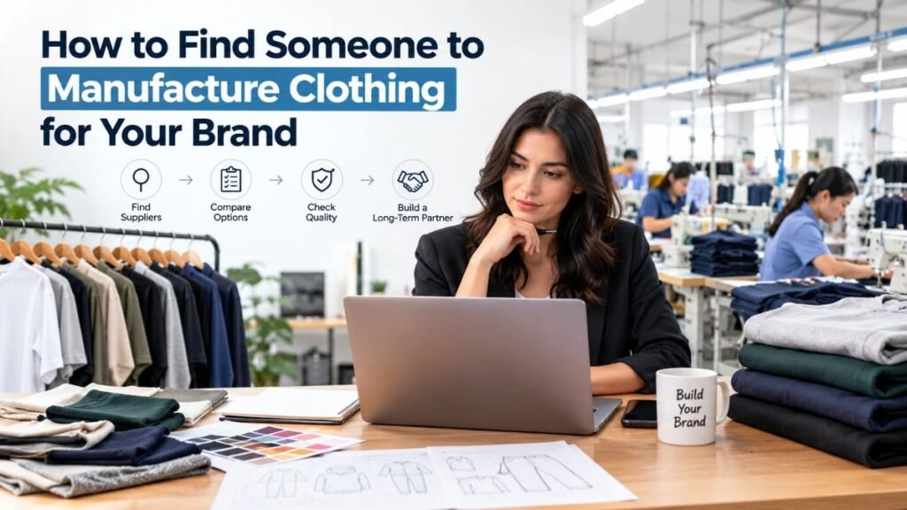 A designer in a black blazer reviews fabric swatches, color palettes, and clothing sketches beside a laptop and a "Build Your Brand" mug, with folded t-shirts in the foreground and workers at sewing machines in a factory behind her; a headline reads "How to Find Someone to Manufacture Clothing for Your Brand," with a four-step diagram: Find Suppliers, Compare Options, Check Quality, Build a Long-Term Partner.