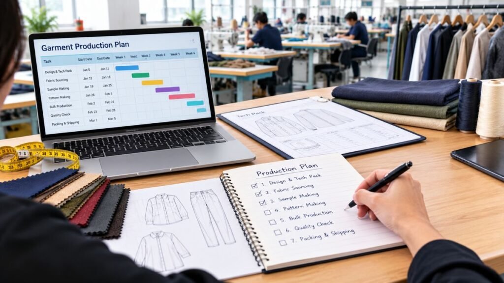 Overhead view of a wooden desk with a laptop showing a "Garment Production Plan" Gantt chart, a person's hands writing a production checklist in a spiral notebook, fabric swatches, a yellow measuring tape, a clipboard with garment sketches, folded fabrics and thread spools — with blurred sewing machines and a clothing rack in a garment factory behind.