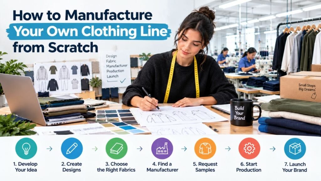 A fashion designer in a black sweater and yellow measuring tape sketches clothing designs at a desk with fabric swatches, a laptop, and a mug reading "Build Your Brand," while sewing machine workers and a garment rack fill the background; a seven-step infographic below reads "How to Manufacture Your Own Clothing Line from Scratch," from Develop Your Idea to Launch Your Brand.