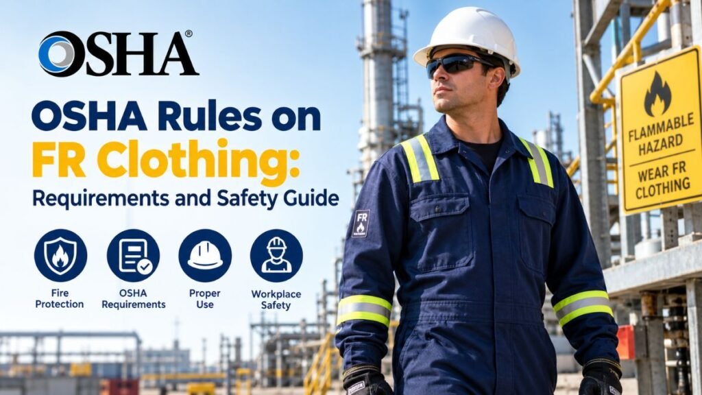 Worker in a white hard hat, dark sunglasses, black gloves, and a navy FR jumpsuit with yellow-green reflective striping stands in an industrial setting beside a yellow "FLAMMABLE HAZARD — WEAR FR CLOTHING" sign. Left side displays the OSHA logo, the headline "OSHA Rules on FR Clothing: Requirements and Safety Guide," and four labeled icons: Fire Protection, OSHA Requirements, Proper Use, and Workplace Safety.