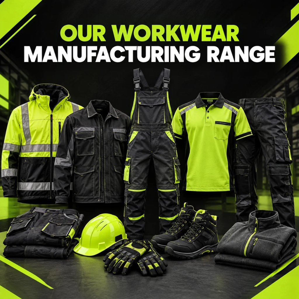 Workwear manufacturing range featuring high-visibility jackets, safety overalls, polo shirts, cargo pants, work gloves, safety helmets, and boots in black and lime green.