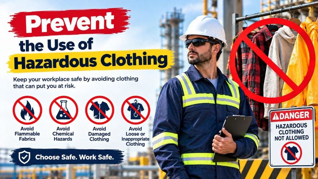 Industrial safety poster titled "Prevent the Use of Hazardous Clothing," listing four banned hazards—flammable fabrics, chemical hazards, damaged clothing, and loose clothing—next to a worker in a hard hat and reflective uniform standing by a crossed-out rack of casual clothes marked "Hazardous Clothing Not Allowed."