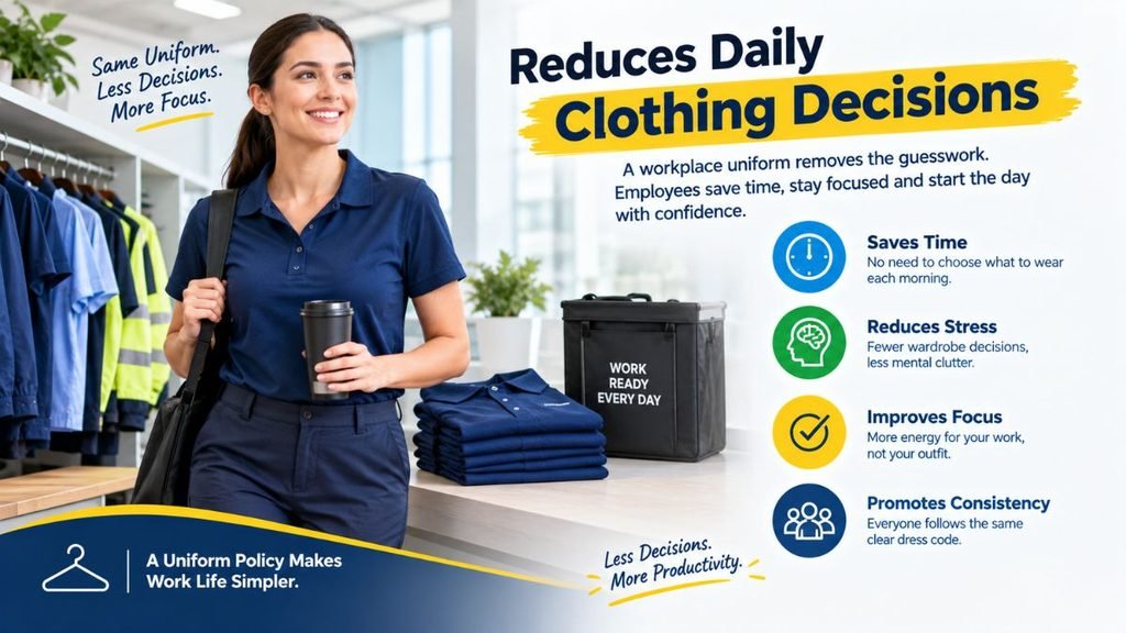 An advertisement titled "Reduces Daily Clothing Decisions" promoting work uniforms. On the left, a smiling woman in a navy polo shirt and pants carries a shoulder bag and coffee cup, looking to the right, with a rack of uniform shirts behind her. A blue banner beneath her reads "A Uniform Policy Makes Work Life Simpler." On the right, four benefits are listed with icons—Saves Time, Reduces Stress, Improves Focus, and Promotes Consistency—next to a stack of folded navy polo shirts and a black container labeled "WORK READY EVERY DAY." A bottom blue banner reads "Less Decisions. More Productivity."