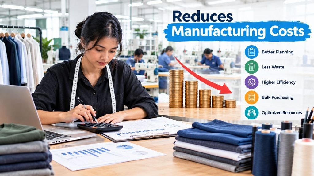 A split image. On the left, a woman in a black shirt with a measuring tape around her neck sits at a wooden desk in a garment factory, writing and using a calculator beside a silver laptop, folded fabric, and paperwork; other workers at sewing machines appear in the background. On the right, a blue banner reads "Reduces Manufacturing Costs" above a red downward arrow over shrinking stacks of gold coins, alongside a bulleted list of cost-cutting points: Better Planning, Less Waste, Higher Efficiency, Bulk Purchasing, and Optimized Resources, each with a matching icon. Spools of thread sit in the foreground.