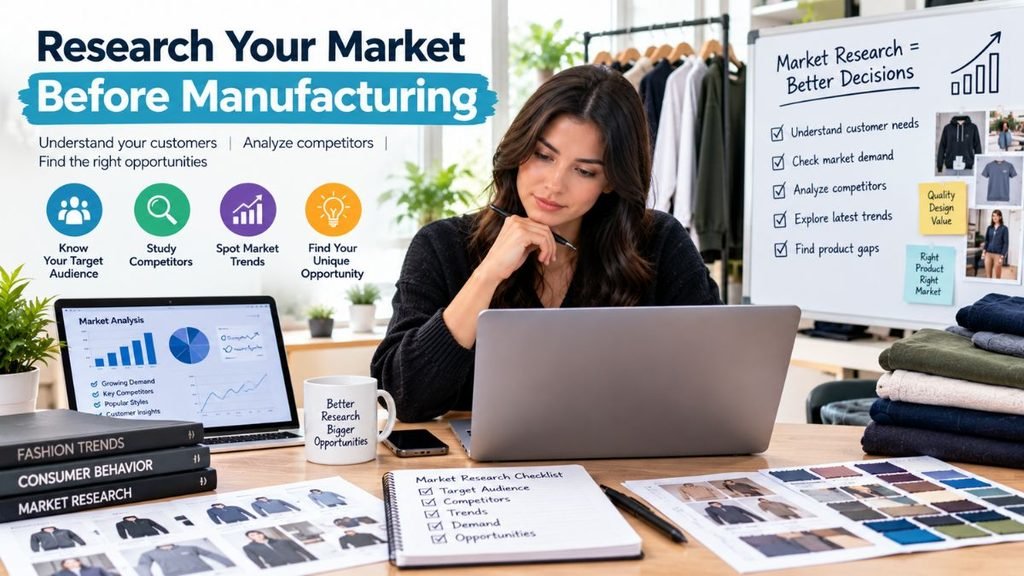 A woman works at a wooden desk between two laptops, one showing market analysis charts. Stacked books titled "Fashion Trends," "Consumer Behavior," and "Market Research" sit on the left beside a mug reading "Better Research Bigger Opportunities." On the right, a whiteboard lists goals like "Understand customer needs" and "Analyze competitors," with folded clothing stacked below and a rack of garments in the background.