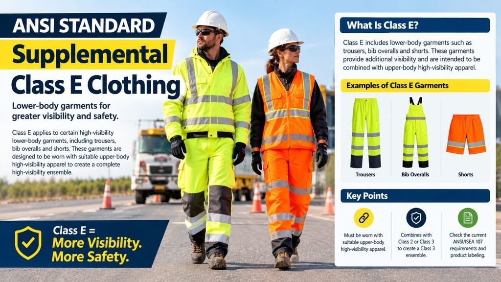 A safety poster titled "ANSI Standard: Supplemental Class E Clothing." On the left, a man in neon yellow high-visibility clothing and a woman in neon orange walk side by side along an asphalt road, with orange traffic cones and a blurred white work truck behind them. The right side explains Class E garments: a definition, labeled example images of trousers, bib overalls, and shorts, and guidance noting that Class E apparel should be worn with other high-visibility clothing and checked against ANSI/ISEA 107 requirements.