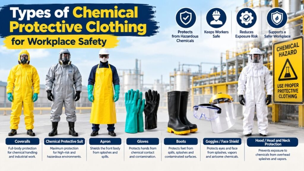 Infographic titled "Types of Chemical Protective Clothing for Workplace Safety," showing three workers in a yellow coverall, a gray chemical suit, and an apron with hard hat, alongside gloves, boots, goggles, a face shield, and a chemical hazard sign, set against an industrial chemical plant.