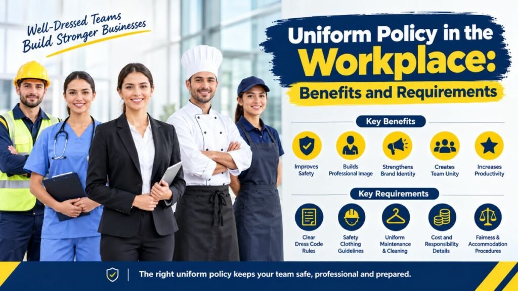 Infographic titled "Uniform Policy in the Workplace: Benefits and Requirements," showing five diverse professionals in uniform (construction worker, nurse, businesswoman, chef, and service worker) beside a yellow and blue panel listing key benefits—improved safety, professional image, brand identity, team unity, and productivity—and key requirements covering dress code rules, safety clothing, uniform maintenance, cost responsibility, and fairness and accommodation.