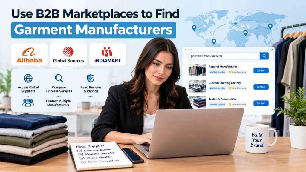 A woman in a blazer sits at a desk typing on a laptop that shows a "garment manufacturer" search with results like "Apparel Manufacturer" and "Custom Clothing Factory," complete with Verified Supplier and Trade Assurance badges and Contact buttons. Folded garments in various colors sit to her left, and a notebook titled "Find Supplier" lists checkboxes for Compare Quotes, Request Samples, Check Quality, and Start Production. A mug reading "Build Your Brand" and a small potted plant sit to her right, against a world map with connected location pins. Overlaid text reads "Use B2B Marketplaces to Find Garment Manufacturers," alongside Alibaba, Global Sources, and IndiaMART logos and icons for Access Global Suppliers, Compare Prices & Services, Read Reviews & Ratings, and