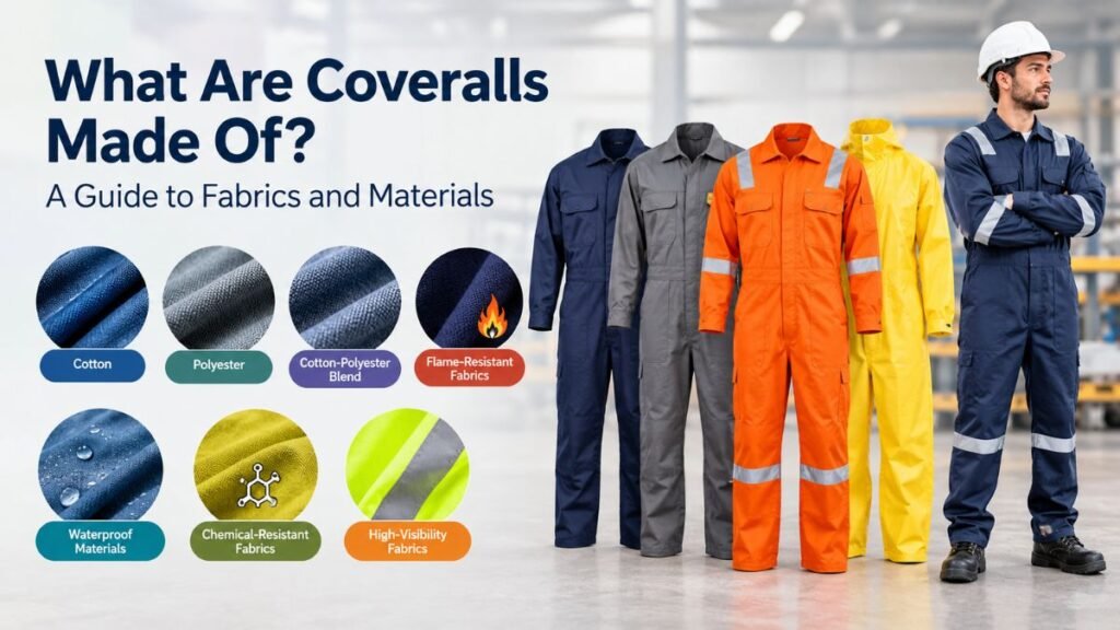 Infographic comparing coverall fabrics and materials, with labeled swatches on the left and assorted coveralls, including one worn by a worker in a hard hat, on the right.