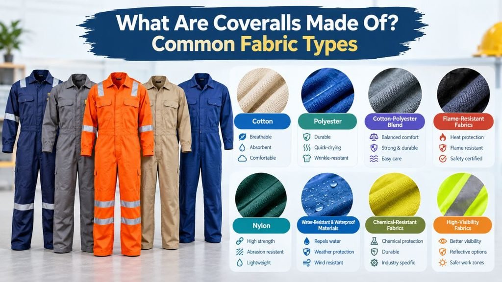 An infographic titled "What Are Coveralls Made Of? Common Fabric Types." Five coveralls stand in a row on a light gray floor in an industrial setting, from left to right: dark blue with reflective strips, gray, bright orange with reflective strips, tan, and royal blue. To their right, six circular fabric swatches are paired with text boxes describing each fabric and its benefits: cotton, polyester, cotton-polyester blend, flame-resistant fabrics, nylon, water-resistant and waterproof materials, chemical-resistant fabrics, and high-visibility fabrics. A yellow hard hat sits on a shelf in the background at far right.