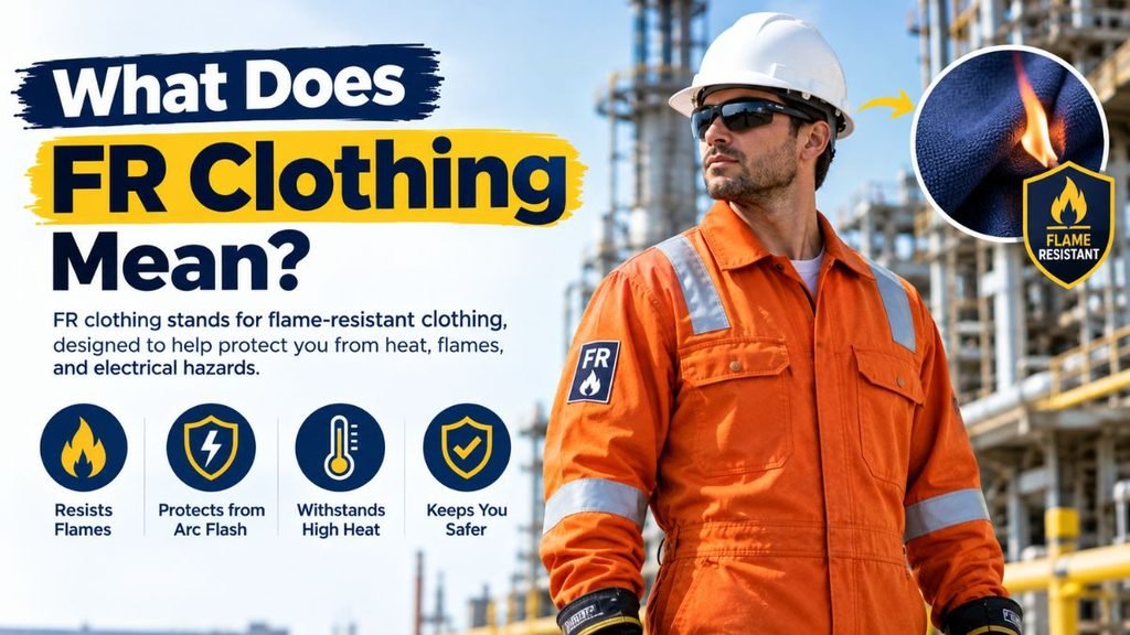 "A man wearing an orange flame-resistant jumpsuit, hard hat, safety glasses, and gloves stands in front of industrial structures under a bright sky. Large text on the left reads 'What Does FR Clothing Mean?' above a short description and four circular icons labeled 'Resists Flames,' 'Protects from Arc Flash,' 'Withstands High Heat,' and 'Keeps You Safer.' A close-up of blue flame-resistant fabric with a flame graphic and a 'Flame Resistant' shield logo appears on the right."