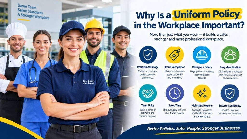 Five smiling workers in different uniforms—a chef in a white toque, a healthcare worker in blue scrubs, a front-desk employee in a navy polo and cap reading "Our Team Our Brand," a construction worker in a yellow hard hat and safety vest, and a worker in a dark polo and cap—stand in a row beside an infographic titled "Why Is a Uniform Policy in the Workplace Important?" The infographic lists eight benefits, each with an icon: Professional Image (shield with checkmark), Brand Recognition (tag with star), Workplace Safety (hard hat), Easy Identification (three figures), Team Unity (shaking hands), Saves Time (clock), Maintains Hygiene (sparkles), and Ensures Consistency (shield with checkmark). A blue and yellow banner at the bottom reads "Better Policies. Safer People. Stronger Businesses."