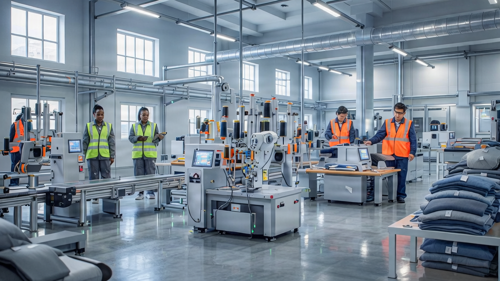 Modern workwear factory with workers in high-visibility gear