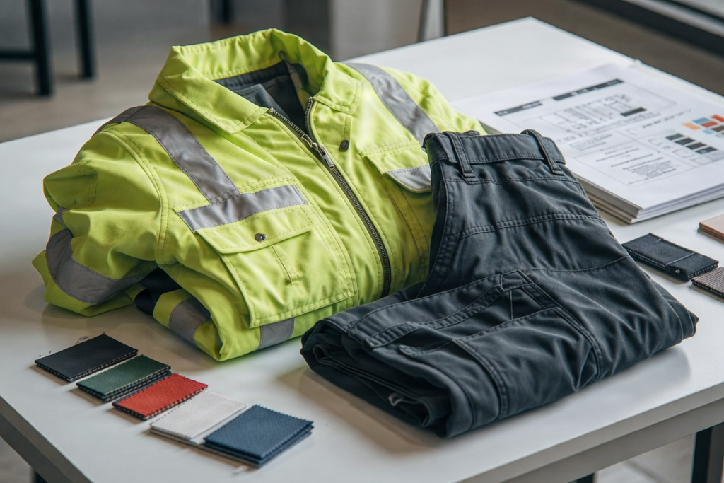 Close-up of custom workwear garments and fabric samples