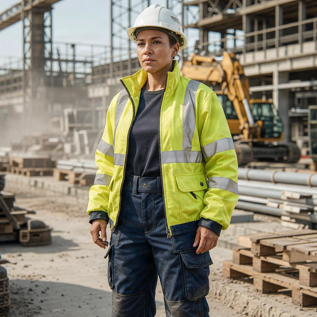 Construction worker wearing high-visibility protective clothing